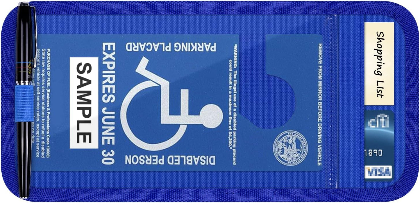 Handicap Placard Holder for Auto, Wisdompro Disabled Parking Permit Sign Protector for Car Sun Visor with Note Paper Slot, Pen Holder and Elastic Strap - Black