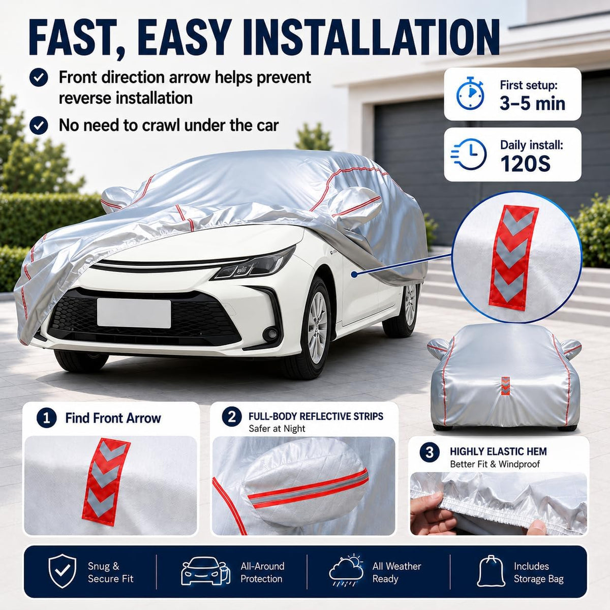 Car Cover for Sedan, Waterproof All Weather Heavy Duty, 360° Underbody Wrap Windproof Design, Quick Install Outdoor Vehicle Cover, Fits 186-193 in