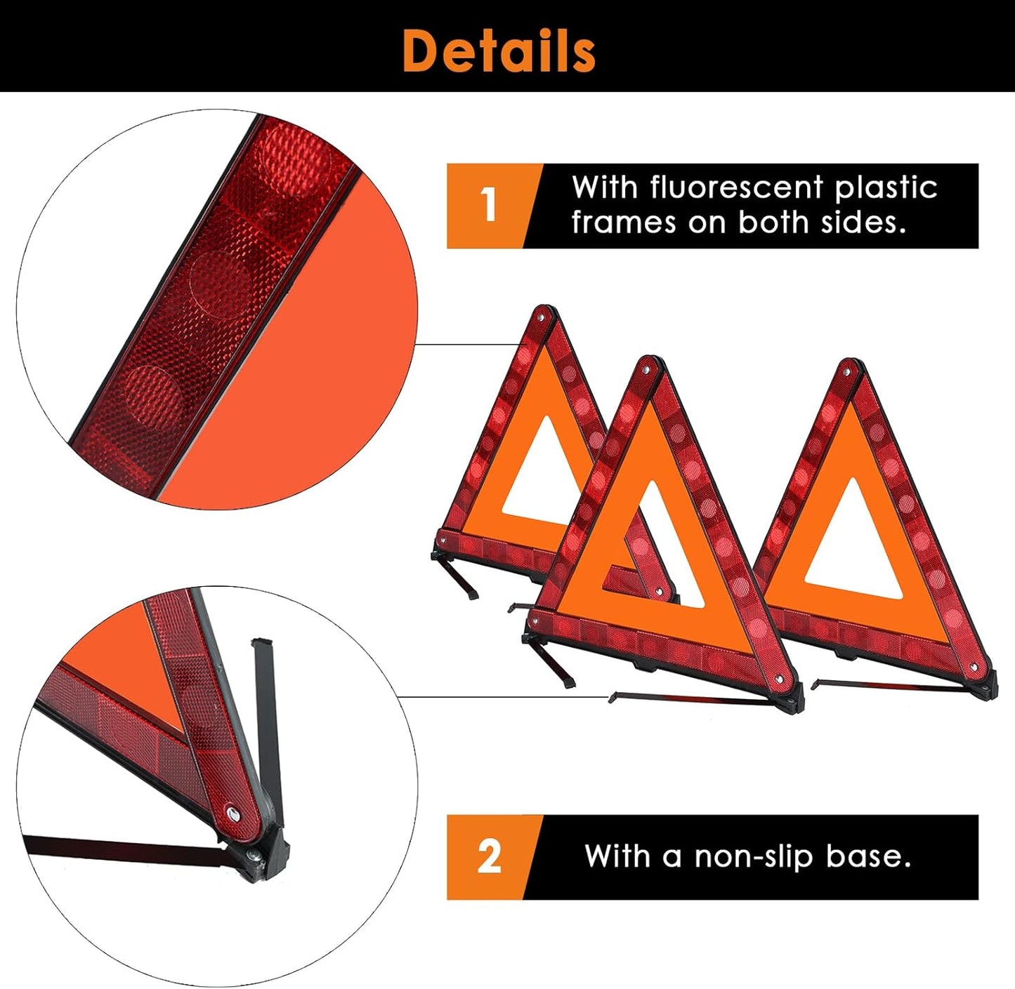 FLK Tech Warning Triangles Safety Triangle Emergency Kit Foldable Reflective Triangles with Base Roadside Triangle Kit with Case for Vehicles (3 Pack)