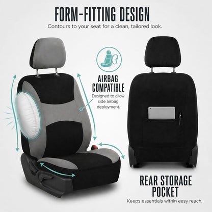 FH Group Full Set Cloth Car Seat Covers, Universal Fit Front and Split Bench Rear, Airbag Compatible, Washable for SUV, Sedan, Van - Black