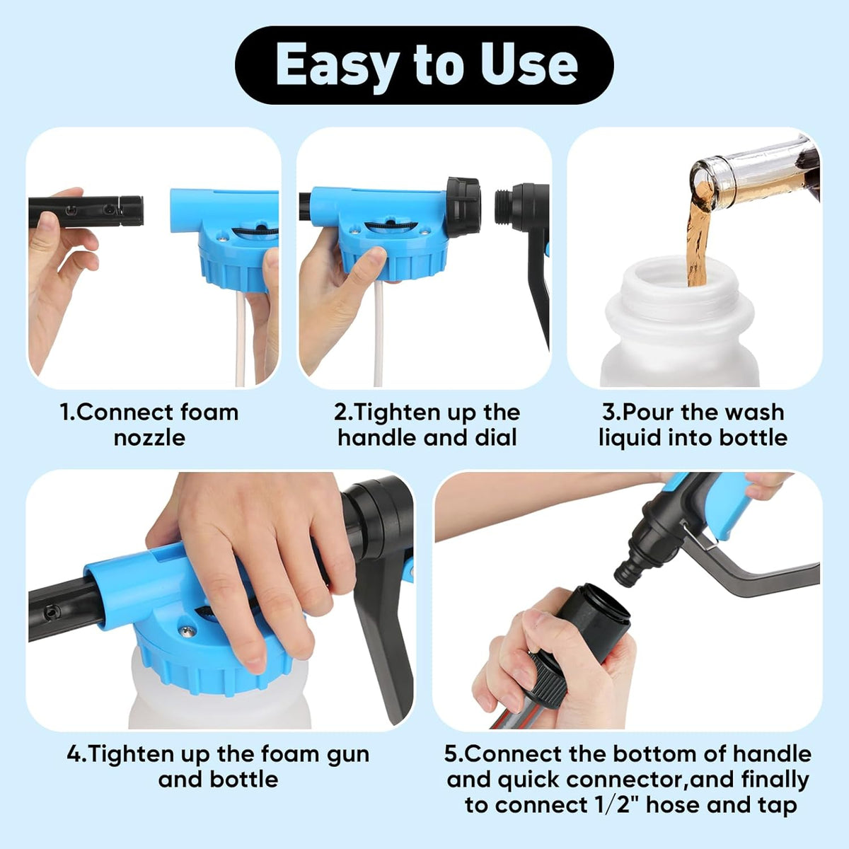 Car Wash Foam Gun/Hose Sprayer, 16 IN 1 Cannon, Adjustable with 2.5-6 Ratio Dial Foam Blaster, 1L Bottle, Nozzles, Mitten, 1/2” Quick Connector for Garden Hose, for Car/Garden Cleaning