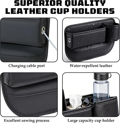Car Leather Cup Holder Gap Bag, New Car Seat Gap Filler Organizer with Cup Holders, Console Organizer for Phone, Keys and Small Items, Universal Fit Essentials for SUV, Truck & Sedan (2pc)