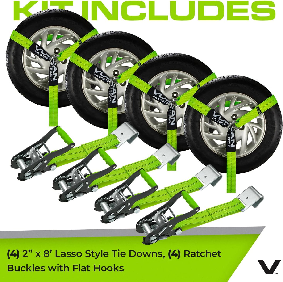 VULCAN Car Tie Down with Flat Hooks - Lasso Style - 2 Inch x 96 Inch - 4 Pack - Silver Series - 3,300 Pound Safe Working Load
