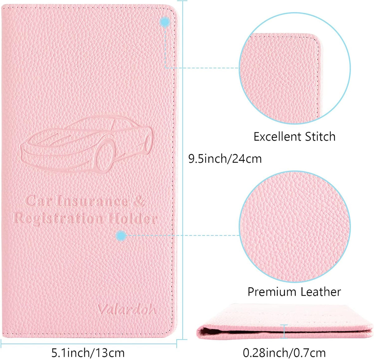 Valardoh Premium Car Registration and Insurance Card Holder, Car Document Holder for Cards, Driver License & other Essential Documents (Pink)