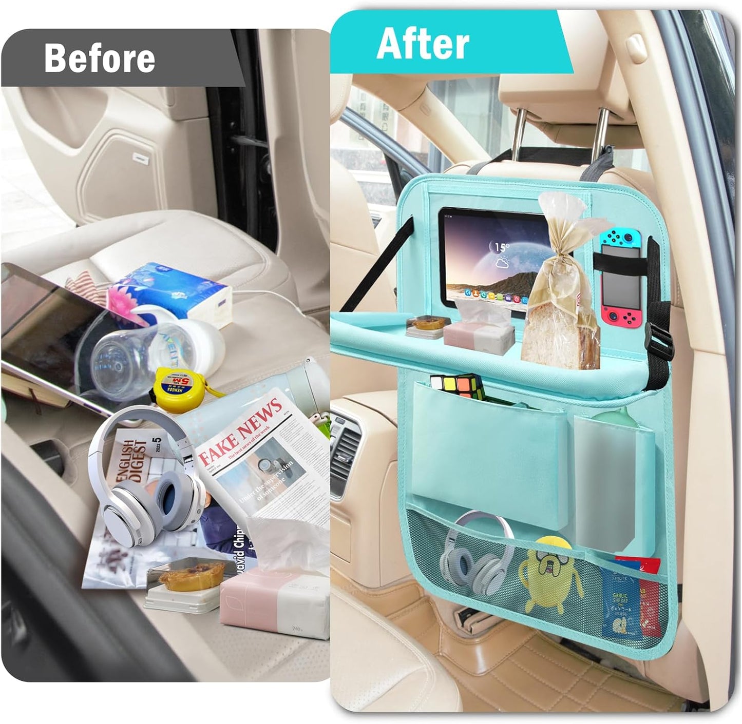 2Pack Car Backseat Organizer with Foldable Table Tray,6 Storage Pockets Car Storage Organizer with Tablet Holder,Car Seat Back Protectors Kick Mats Travel Accessories (Black)