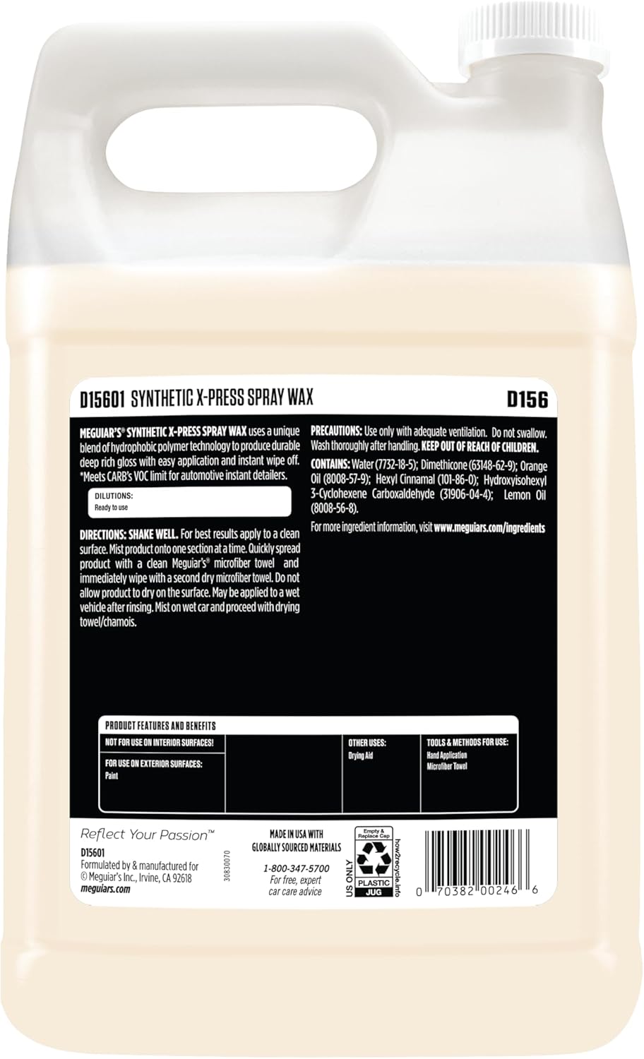 Meguiar's D15601 Synthetic X-Press Spray Wax for Car Detailing, Creates a Deep Shiny Look, Can Be Applied to Wet or Dried Paint and In Direct Sunlight, Moisture Rolls Off Waxed Paint, 1 Gallon