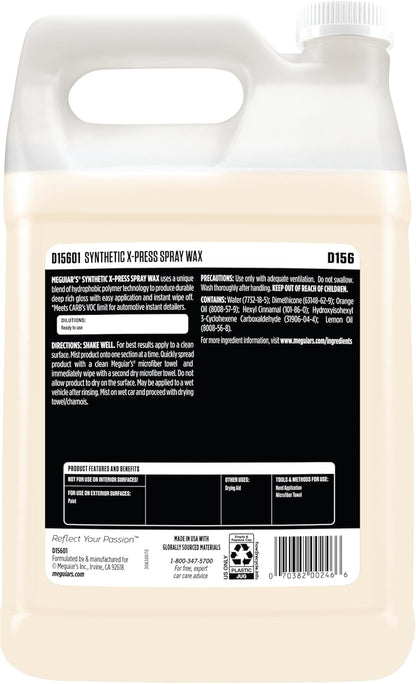 Meguiar's D15601 Synthetic X-Press Spray Wax for Car Detailing, Creates a Deep Shiny Look, Can Be Applied to Wet or Dried Paint and In Direct Sunlight, Moisture Rolls Off Waxed Paint, 1 Gallon
