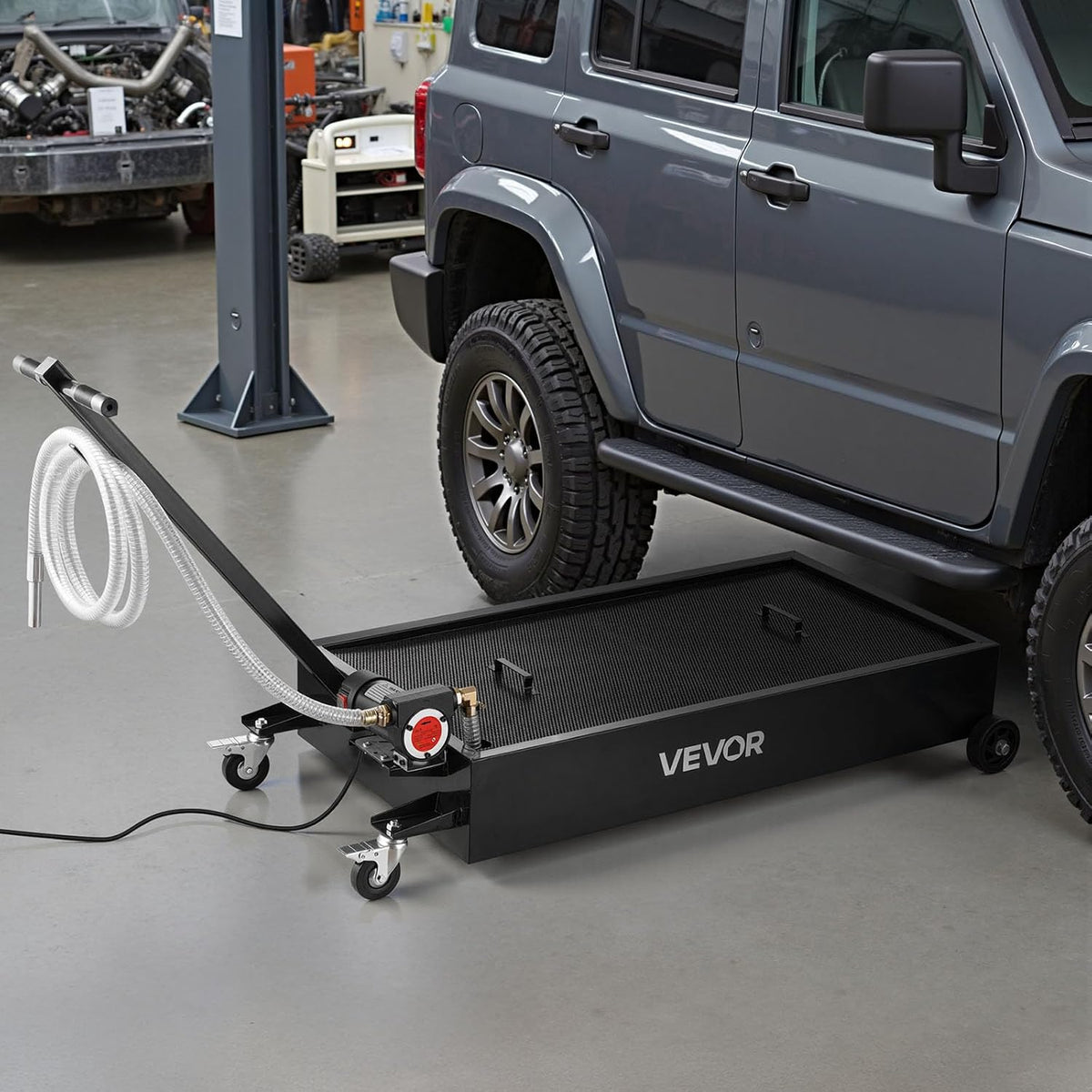 VEVOR Low Profile Oil Drain Pan, 15 Gallon Capacity, Rolling Oil Drain Pan with Electric Pump & 7.2 ft Hose, Leak-Proof & Corrosion-Resistant, Fit for Cars, SUVs, Trucks, Motorcycles, ATVs, Metal