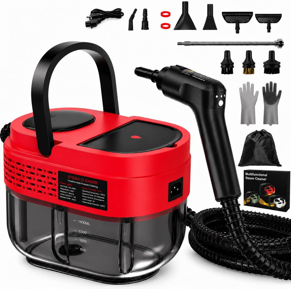 Handheld Steam Cleaner for Home, 2500W High Pressure Steam Cleaner for Car Detailing, 3 Steam Levels, 1600Ml Tank, High Heat Steamer for Bed Bugs, Couch, Furniture, Kitchen, Bathroom, Floors