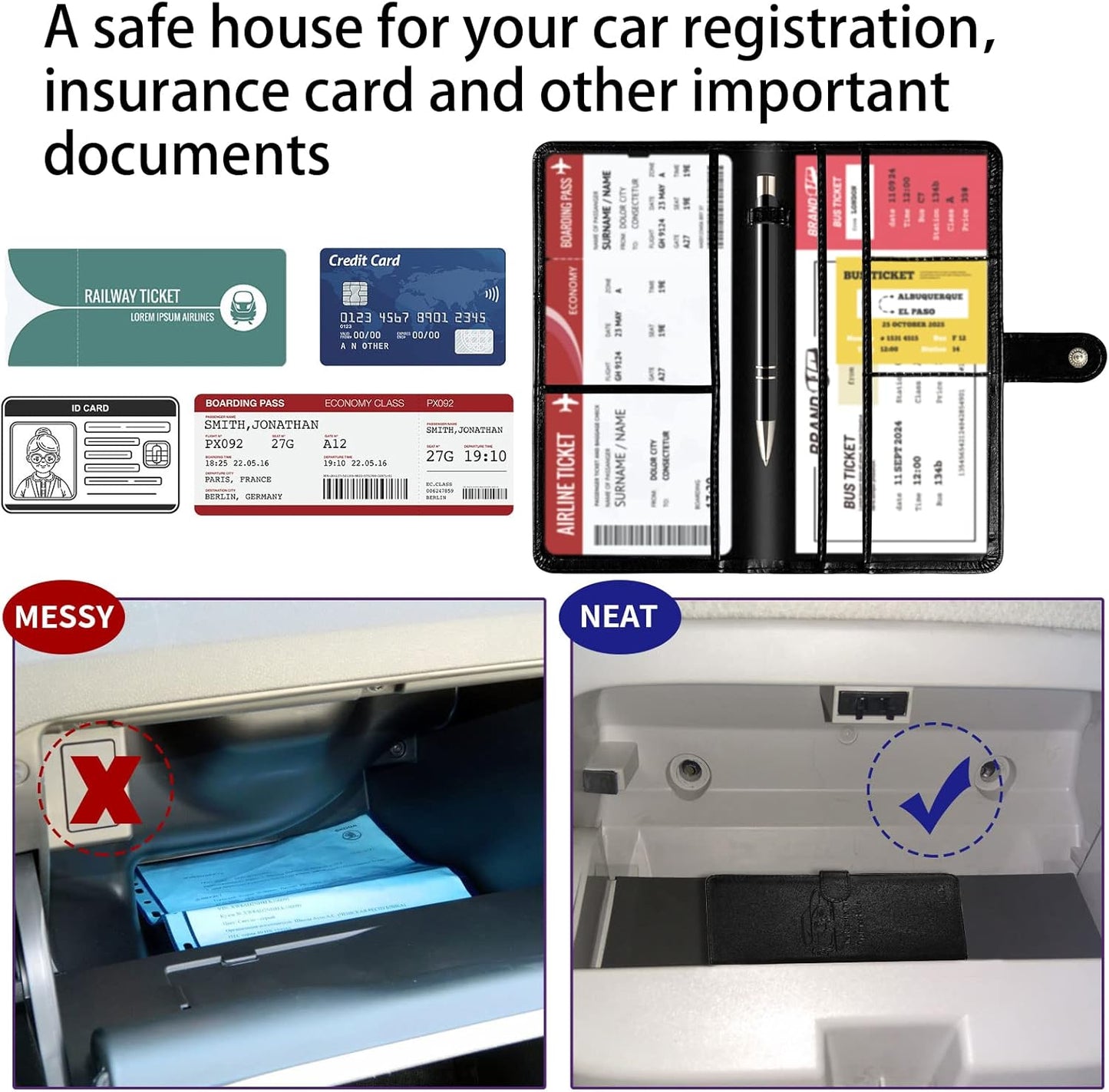 Car Registration and Insurance Card Holder with Magnetic Closure, Leather Vehicle Glove Box Automobile Documents Paperwork Wallet Case Organizer for ID, Driver's License, Key Contact Information Cards