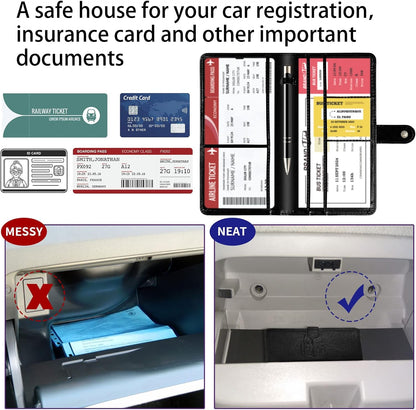 Car Registration and Insurance Card Holder with Magnetic Closure, Leather Vehicle Glove Box Automobile Documents Paperwork Wallet Case Organizer for ID, Driver's License, Key Contact Information Cards