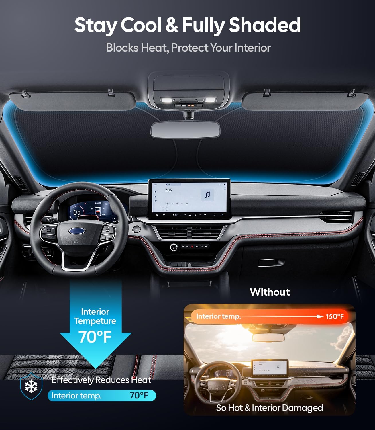 Wigoo Tesla New Model Y Accessories Windshield Sunshade [OEM Design, 100% Sun Blockage] Foldable Heat Insulation Sunshade with Storage Bag, for Model Y 2020~2026 (Juniper), Silver Coating - Colors A