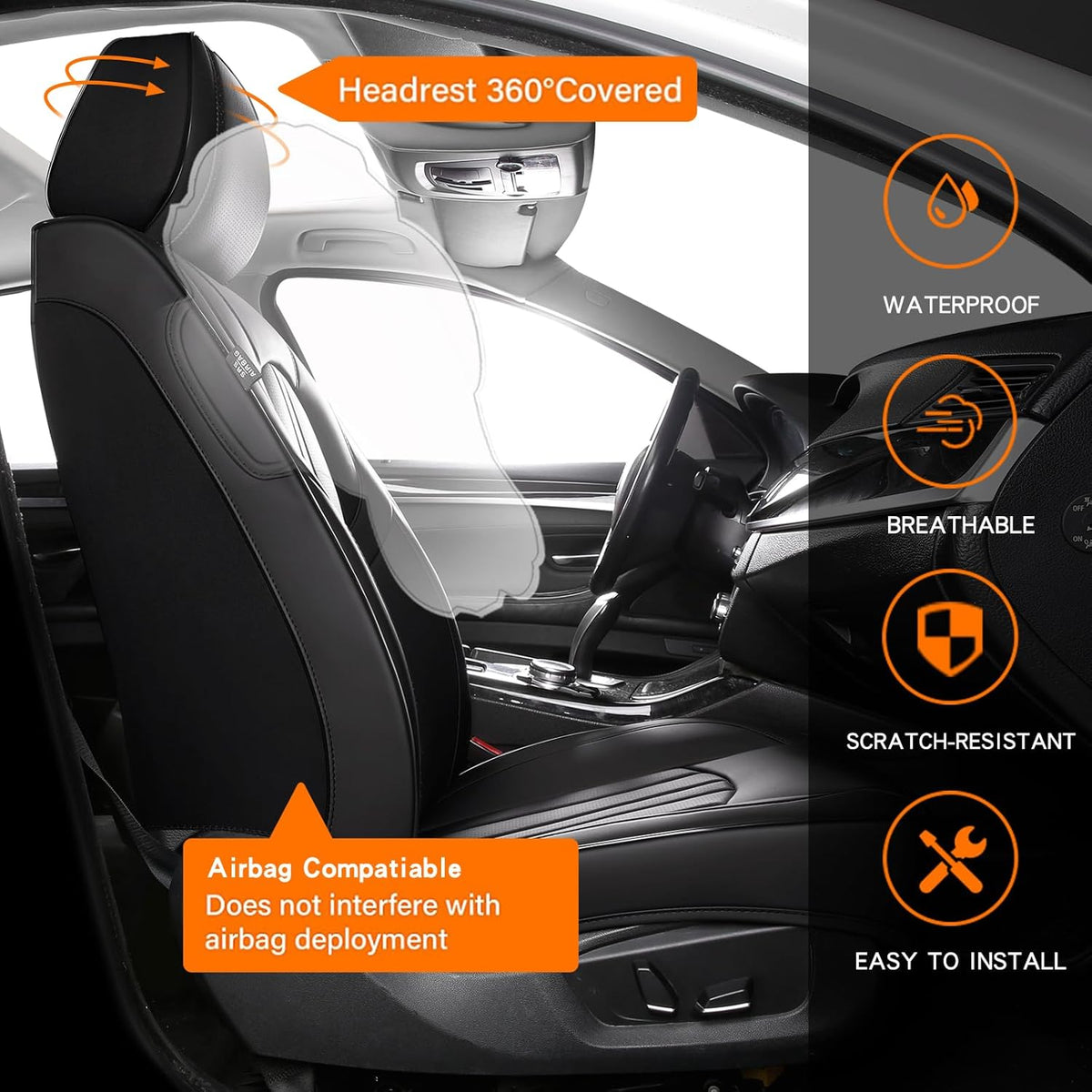MINGBRON Car Seat Cover Full Set, Leather Car Seat Cover, Waterproof Seat Covers, Car Seat Cushion, Nappa Leather Seat Covers Car Seat Protector Universal Fit Most Cars Black