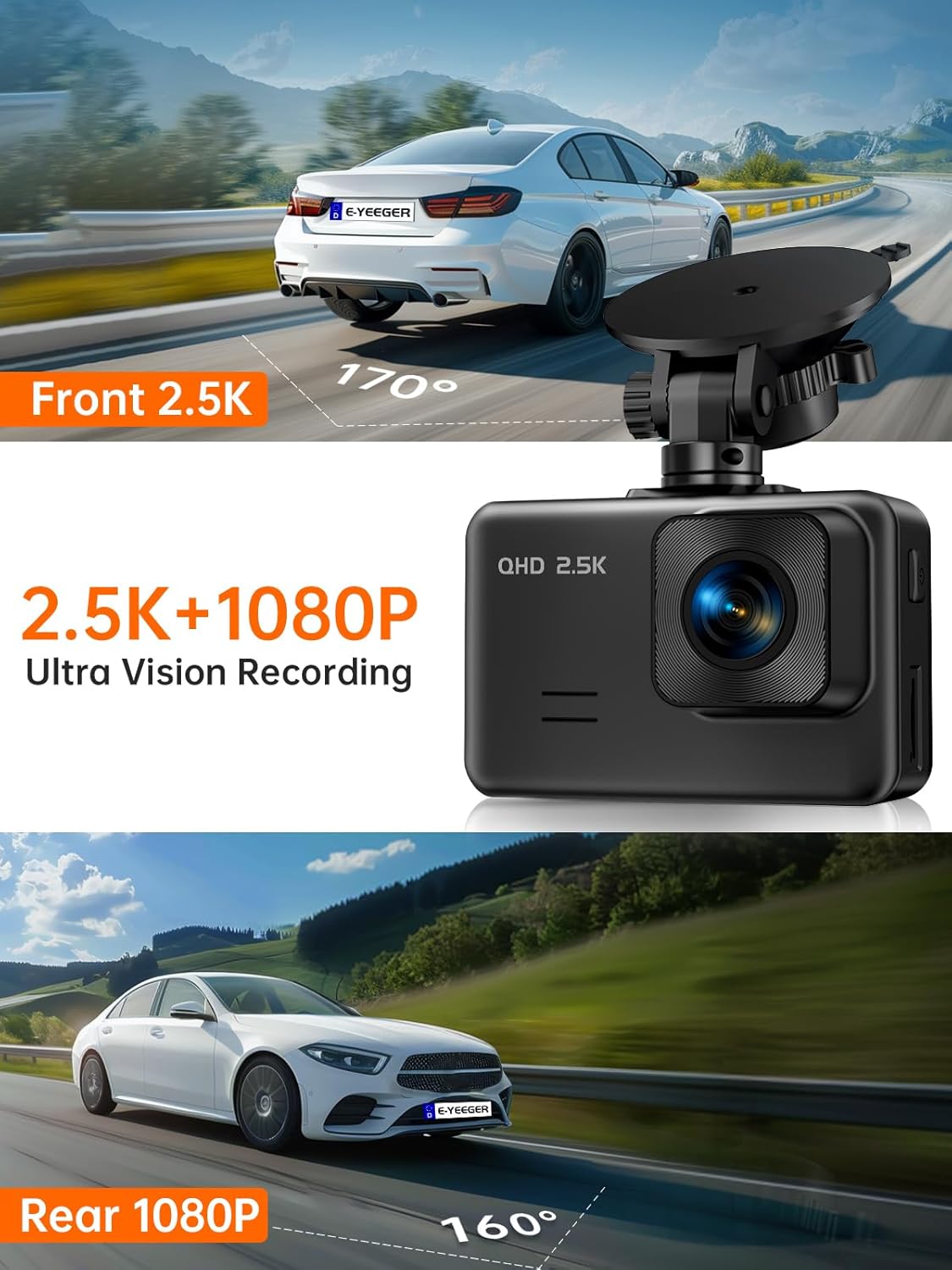 Dash Cam Front and Rear, 2.5K+1080P Dual Dash Camera for Cars, 2’’ Display Mini Car Camera, G-Sensor Dashcam, Night Vision, 24H Parking Mode, Loop Recording, 170°Wide Angle