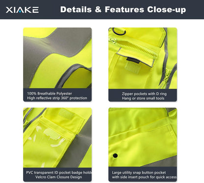 XIAKE 9 Pockets Class 2 High Visibility Reflective Safety Vest for Men Women,Meets ANSI/ISEA Standard