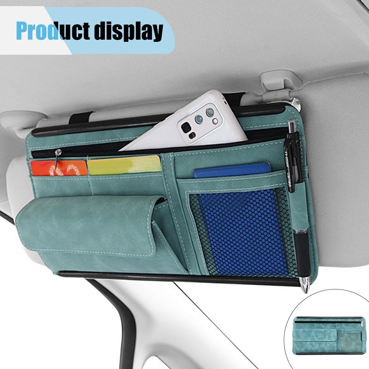 Suede Car Sun Visor Organizer with Multi-Pocket Net Zipper, Glasses Case, Sunglass Holder (Grey)