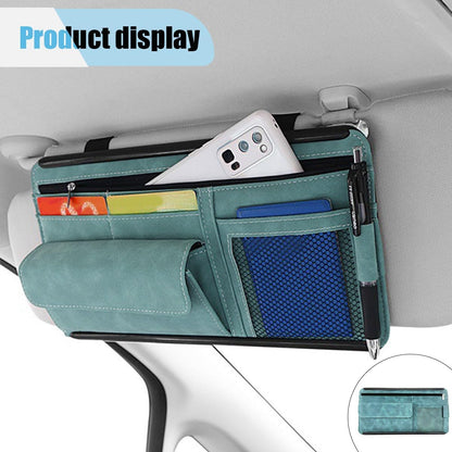 Suede Car Sun Visor Organizer with Multi-Pocket Net Zipper, Glasses Case, Sunglass Holder (Grey)