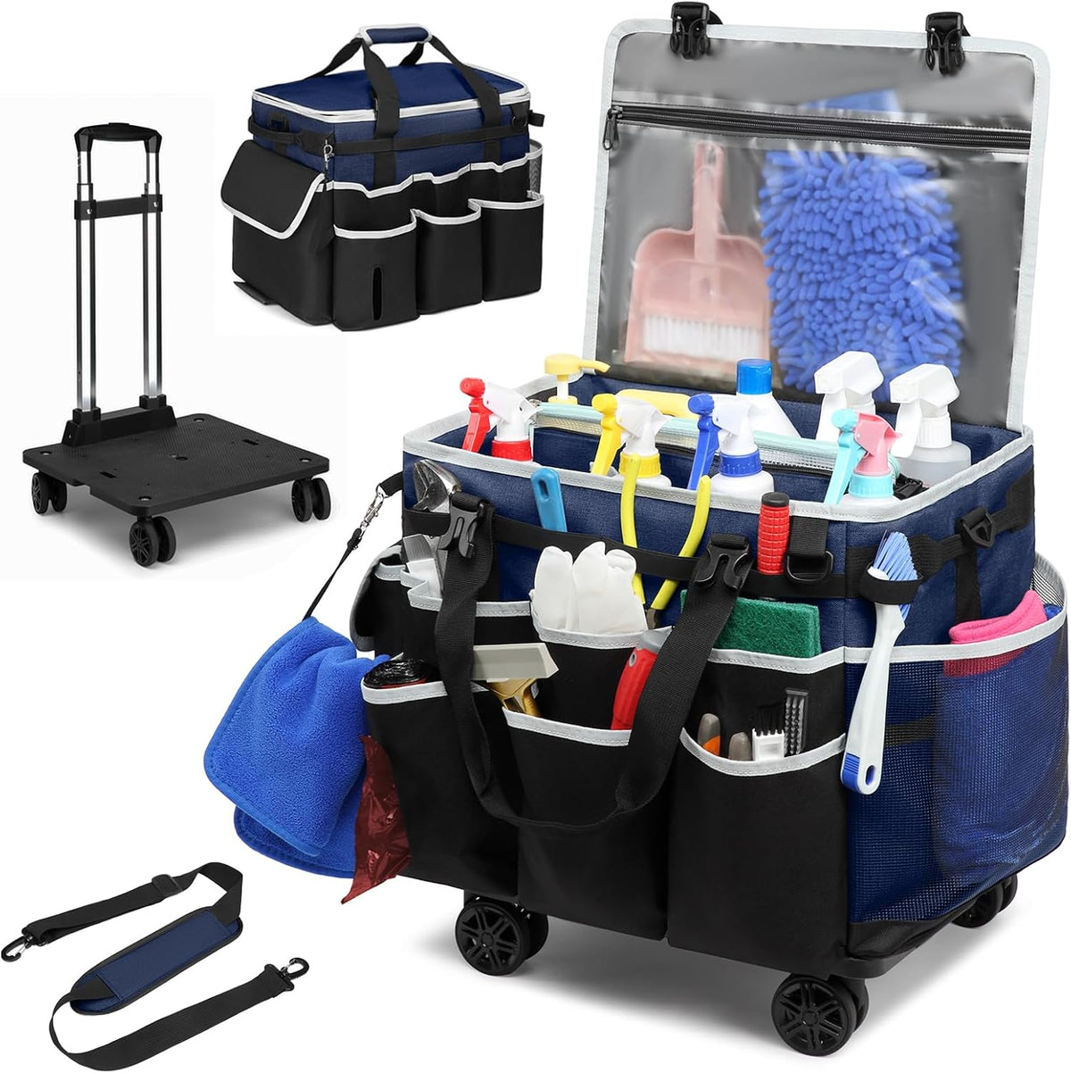 Large Rolling Cleaning Caddy Bag with Detachable Trolley, Full Support Plates for Professional Cleaning Supplies Bag, Organizer Bag with 4 Universal Wheels for Housekeepers, Car Wash
