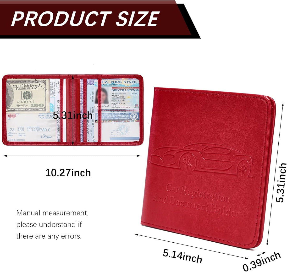 Registration and Insurance Card Holder, Vehicle Glove Box Car Organizer with Magnetic Closure, Interior Car Accessories for Documents, Cards, License Storage, 1-Pack Red