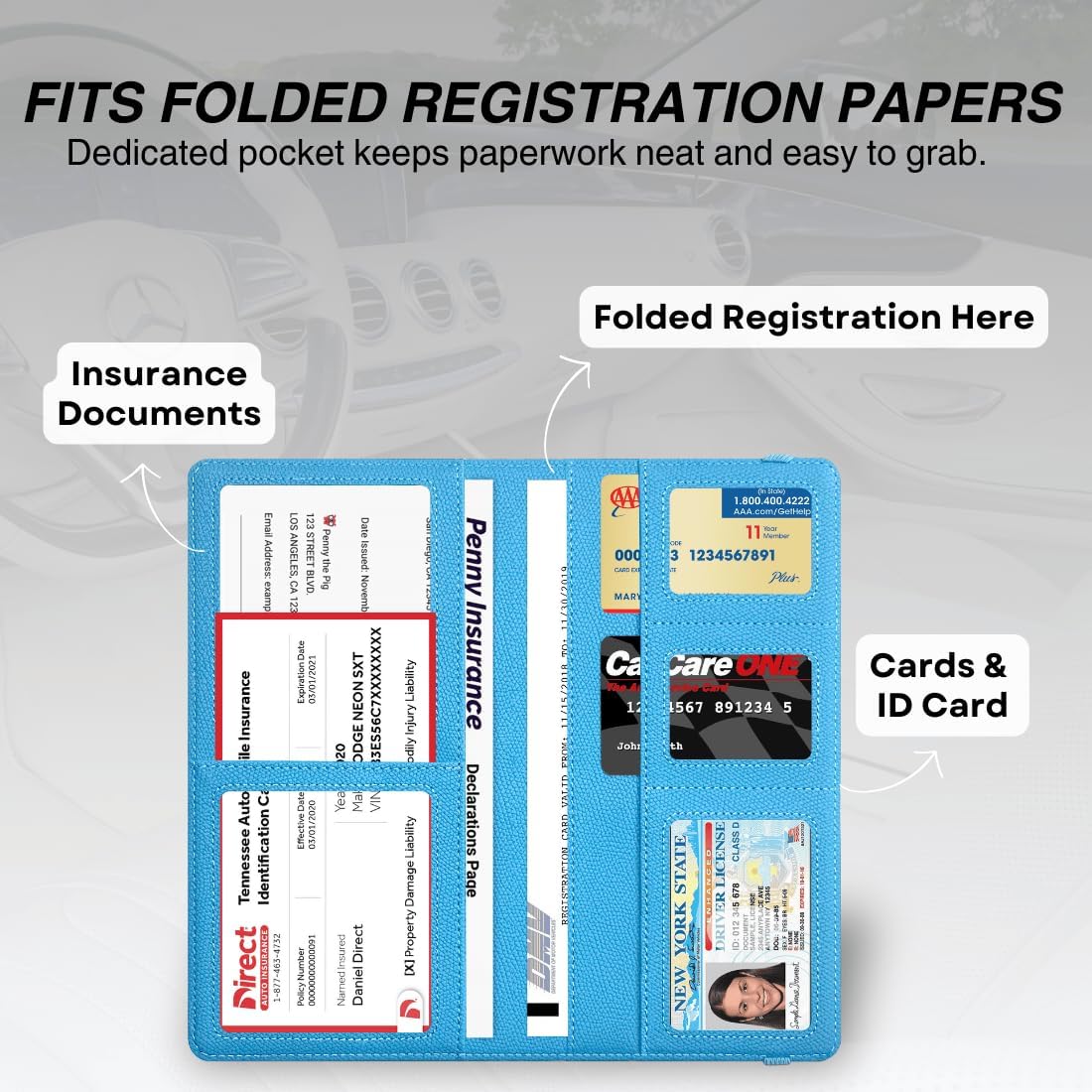 LINTRU Car Insurance and Registration Card Holder, Fits Folded Registration Papers, Double-Stitched Rigid Backing, Secure Elastic Closure, Vehicle Document Organizer, Car Accessories for Men & Women