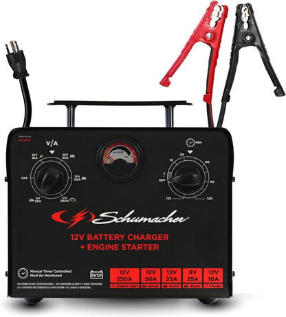 Schumacher Electric 6V/12V Time Controlled Battery Charger & Engine Starter - Precision Controlled Charger with 135-minute Timer & Overload Protection - 250 Cranking Amps & 3 Boost Modes - SC1667
