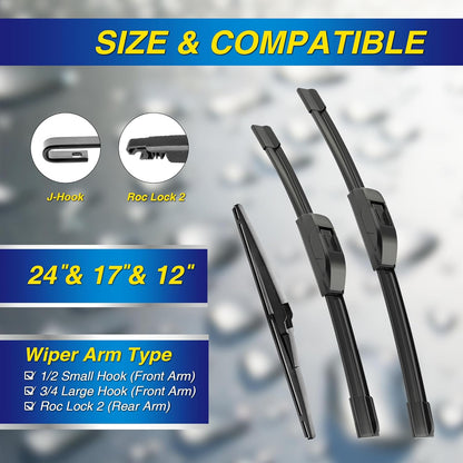 5 PLUS® Silicone Windshield Wipers Replacement for 2019-2024 Toyota RAV4/ 2006-2015 Mazda 5 Wiper Blades(Set of 3), Windshield Wiper Blades For My Car-26"/16"/12" - Colors A