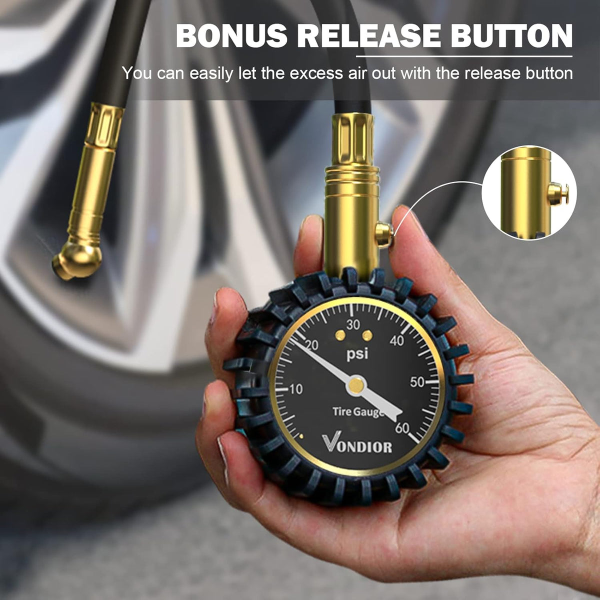 Tire Pressure Gauge - (0-60 PSI) Heavy Duty, Certified ANSI Accurate with Large 2 Inch Easy to Read Glow Dial, Low - High Air Pressure Gauge. Tire Gauge for Car and Trucks Tires by Vondior