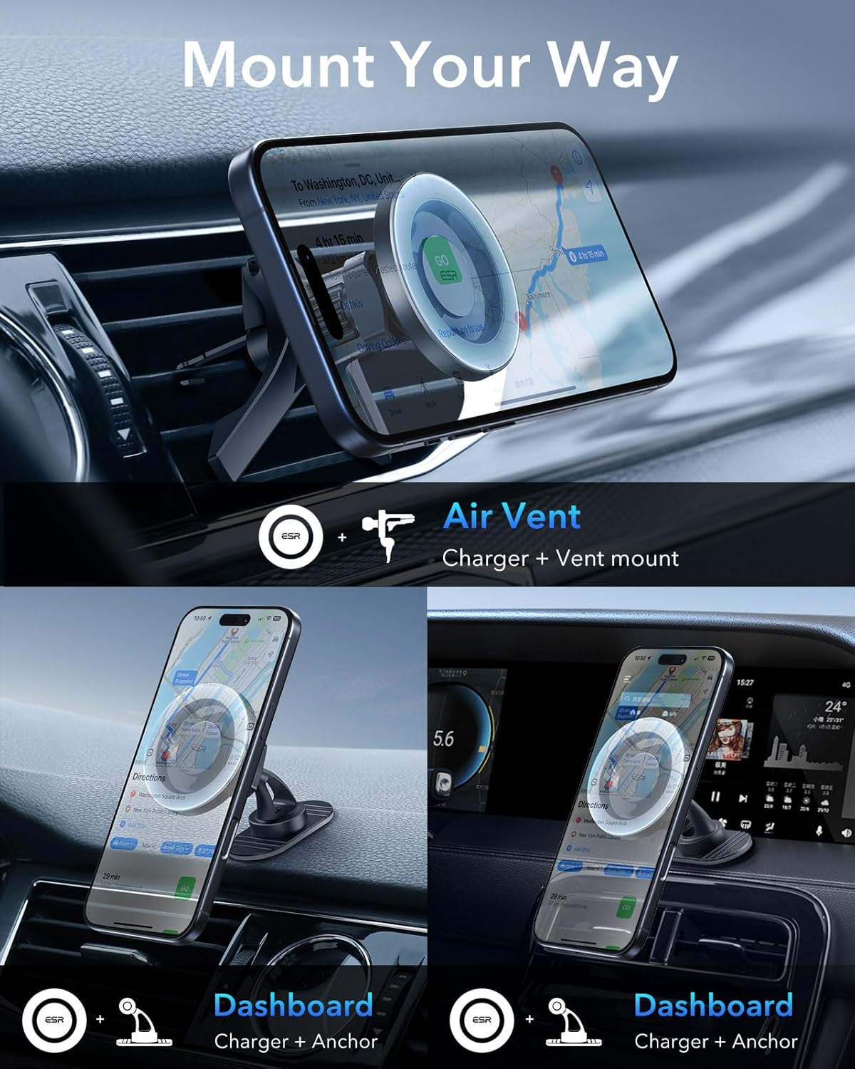 ESR for MagSafe Car Mount, Magnetic Phone Holder for Car Air Vent, Car Phone Holder Mount for iPhone 17e/17/16/16e/15/14/13/12/Samsung, All Smartphones(2 Metal Rings Included),Charging Not Supported