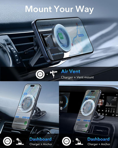 ESR for MagSafe Car Mount, Magnetic Phone Holder for Car Air Vent, Car Phone Holder Mount for iPhone 17e/17/16/16e/15/14/13/12/Samsung, All Smartphones(2 Metal Rings Included),Charging Not Supported