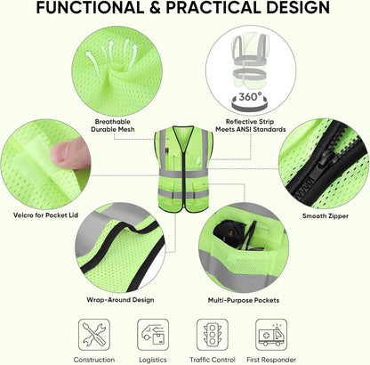 TICONN Reflective Safety Vest High Visibility Class II Mesh Vest for Women & Men Meets ANSI Standards
