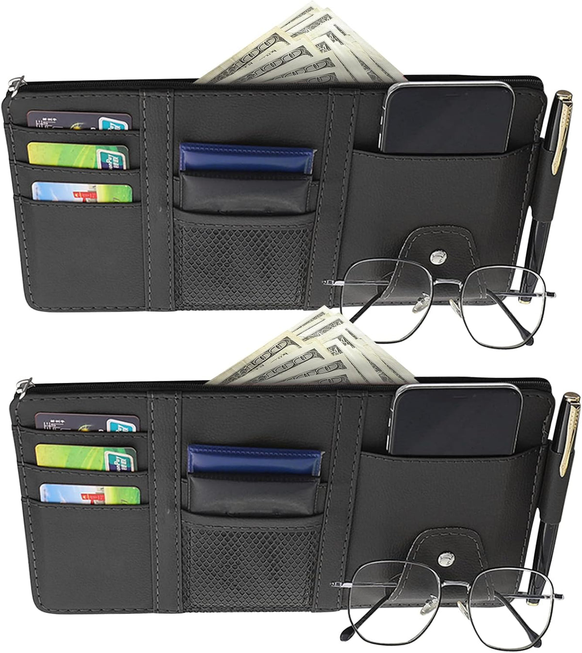 2 Packs Car Sun Visor Multi-Pocket Organizer for SUV & Truck, Auto Visor Storage Pouch with Big Zipper Pocket, Card Sleeve, Driving License, Insurance, Sunglasses, Pen, Key, Lipstick