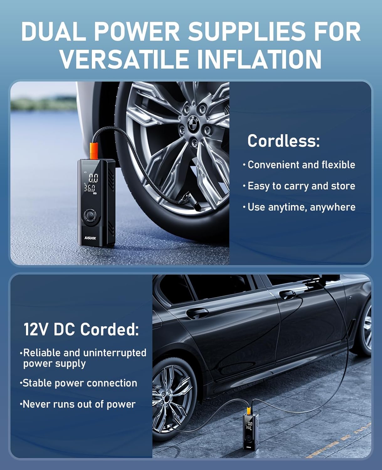 JUSUOX Tire Inflator Portable Air Compressor, Dual Power (Cordless & 12V DC) Air Pump for Car Tires, 150PSI Fast Air Pump for Moto, Bike, Large Capacity Battery, Digital Gauge with Emergency LED Light