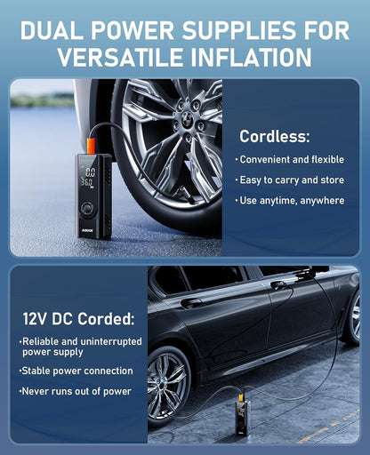 JUSUOX Tire Inflator Portable Air Compressor, Dual Power (Cordless & 12V DC) Air Pump for Car Tires, 150PSI Fast Air Pump for Moto, Bike, Large Capacity Battery, Digital Gauge with Emergency LED Light