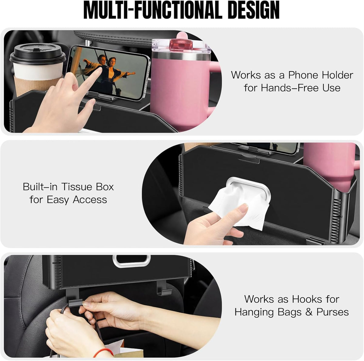 5-in-1 Back Seat Car Organizer and Storage with Extendable Cup Holder, Tissue Holder, Phone Holder, Hanging Hooks, Trash Bin, Back of Seat Car Headrest Organization Accessories for Women Man