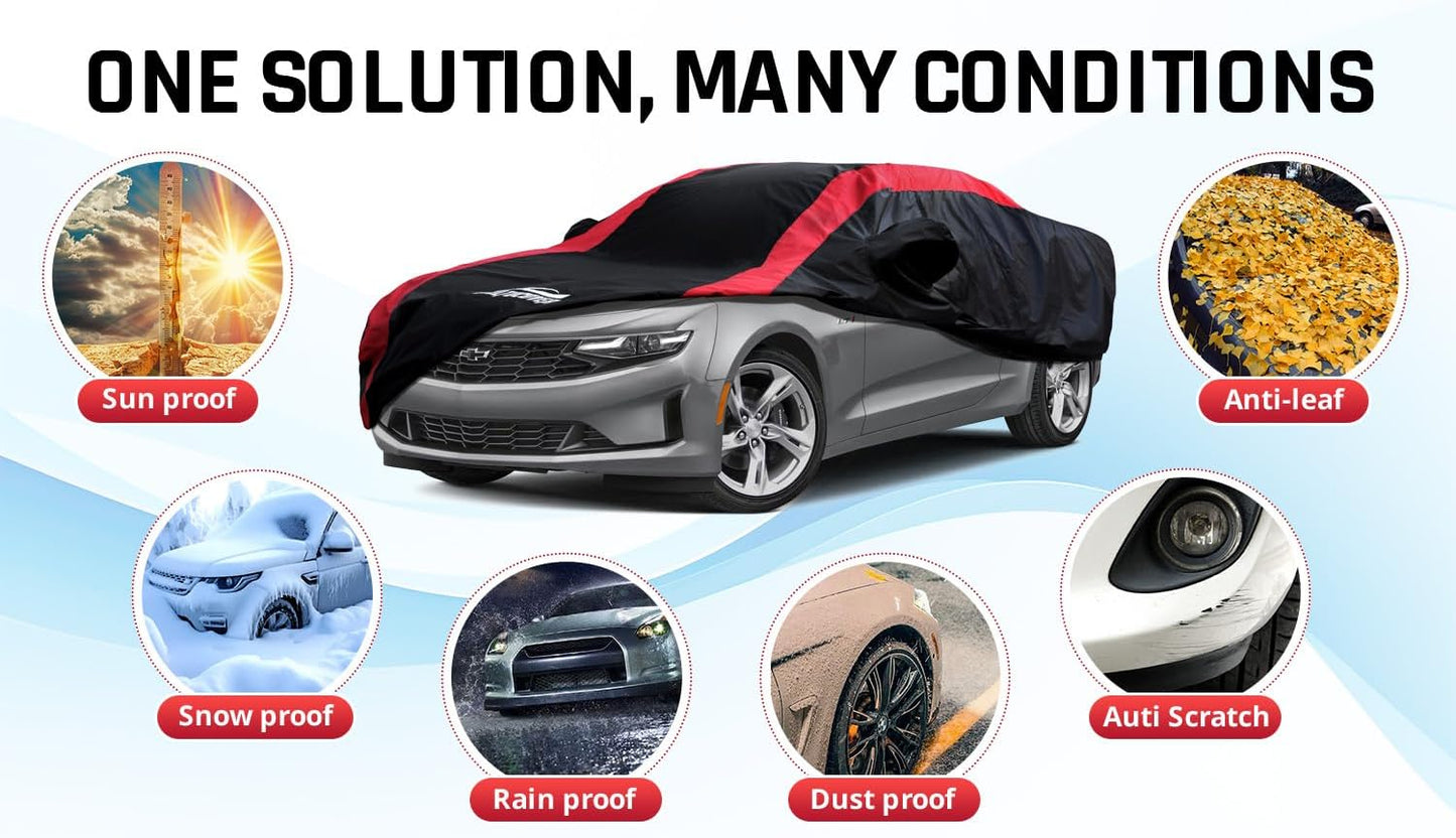 Car Cover Waterproof All Weather Protection with Red Stripe Design, Universal Fit Toyota Camry Solara, Ford Fusion, Kia Stinger Optima, Nissan Maxima, VW Passat, Subaru Legcy