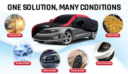 Car Cover Waterproof All Weather Protection with Red Stripe Design, Universal Fit Toyota Camry Solara, Ford Fusion, Kia Stinger Optima, Nissan Maxima, VW Passat, Subaru Legcy