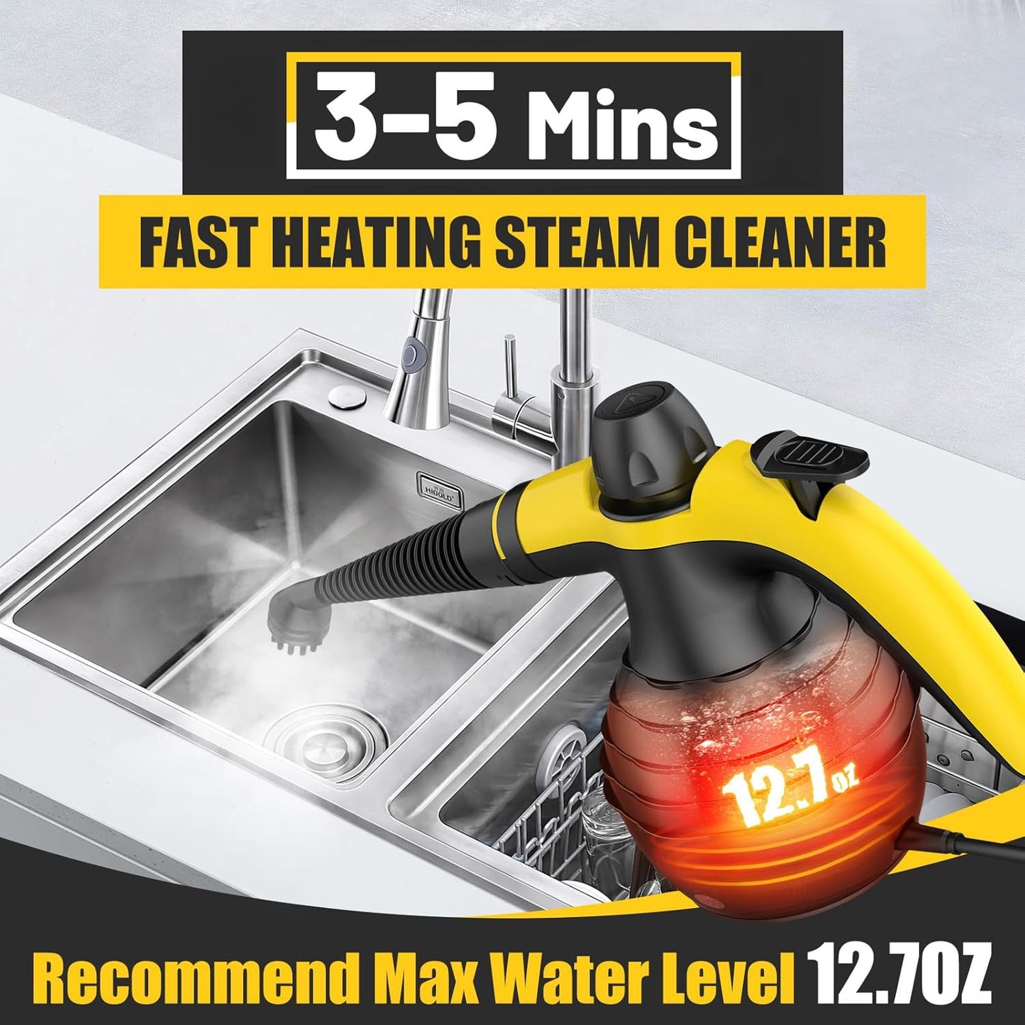 Pressurized Handheld Steam Cleaner with 10pcs Accessories & Safety Lock, Multi-Purpose & Powerful Home Use Steamer for Cleaning, Car, Bathroom, Shower, Upholstery, Grout, Window (Black)