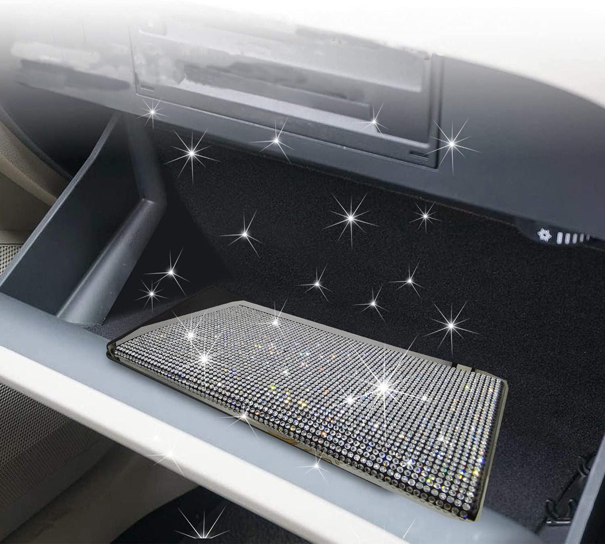 Bling Rhinestone Artificial Diamond Car Registration and Insurance Document Holder, Glitter Car Essentials Glove Box Organizer Compartment Bling Silver, Medium