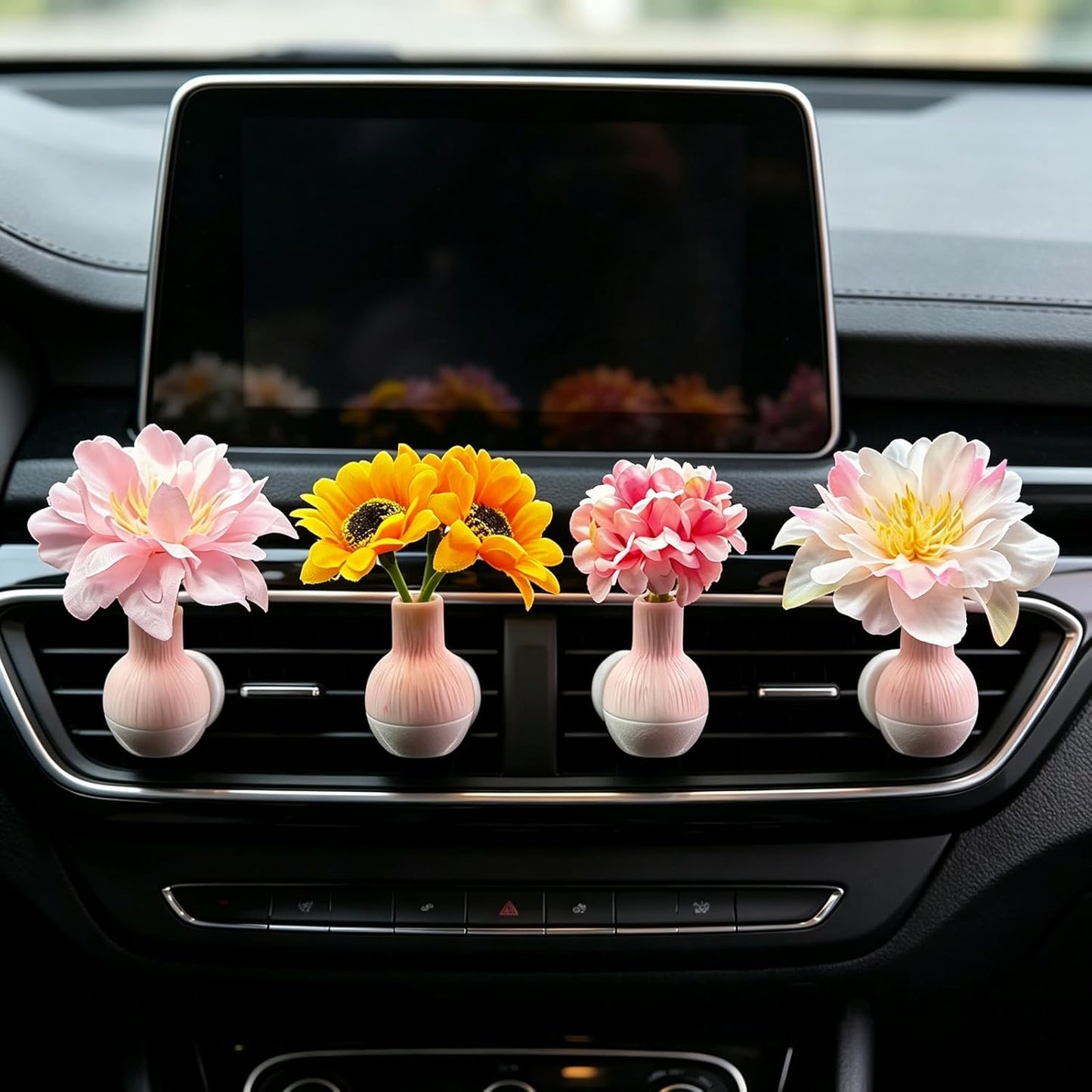 Set of 4 Cute Flower Bouquet Car Air Freshener Vent Clips, Mini Artificial Flowers for Car Air Vent Decoration, Auto Interior Dashboard Ornament Accessories