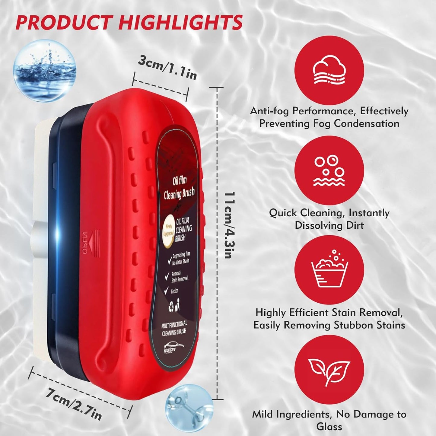 Automotive Oil Film Cleaning Brush with Reusable Foam Sprayer, Upgraded Antifog Glass Cleaning Board, Glass Oil Film Remover for Car Windows & Windshields, Versatile Car Glass Cleaner Brush (Red)