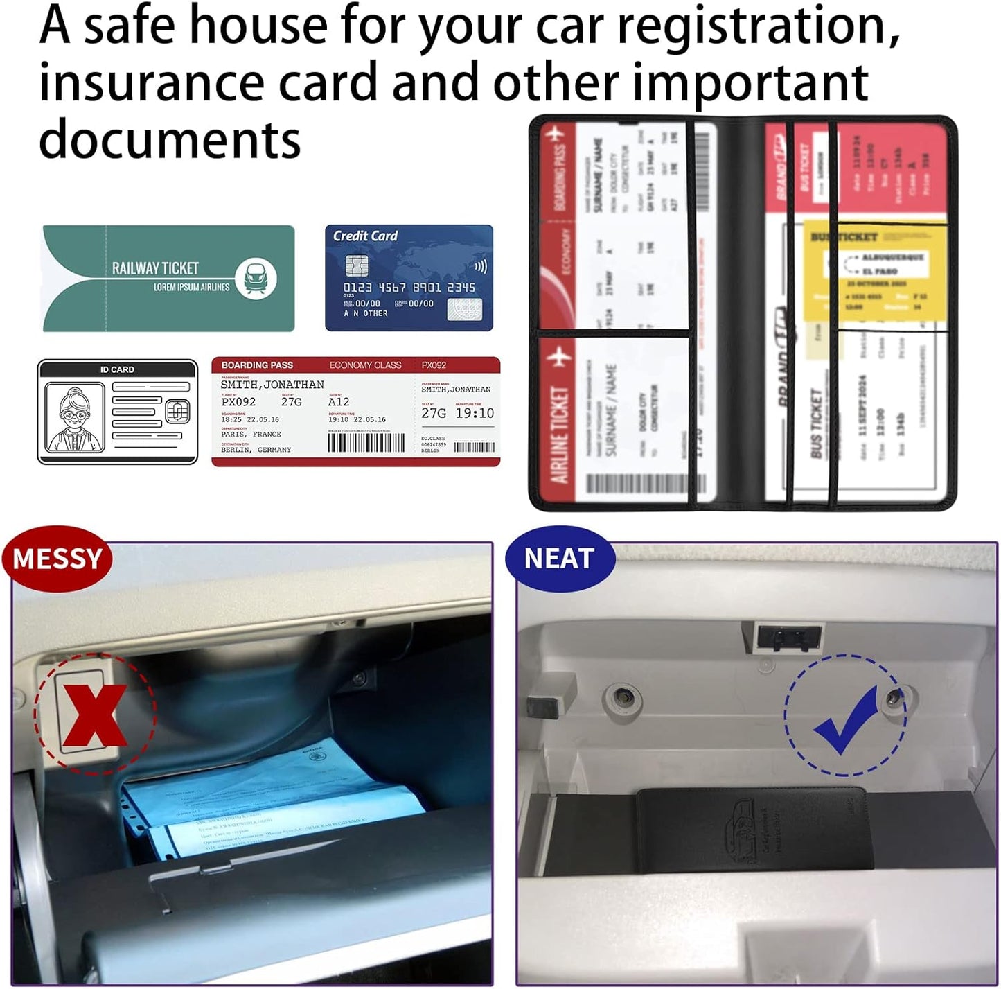 Car Registration and Insurance Card Holder - Leather Vehicle Glove Box Automobile Documents Paperwork Wallet Case Organizer for ID, Driver's License, Key, Cards - Car Accessories for Women&Men