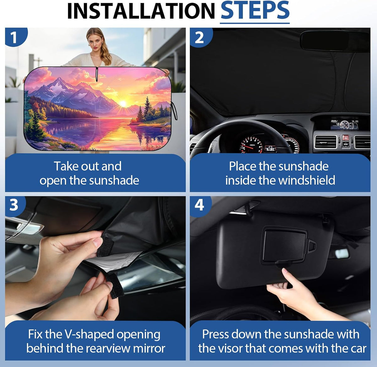 Fauson Car Windshield Sun Shade for Sedans, SUVs & Trucks Reflective UV Block Sunshade Visor Shield Foldable with Storage Bag Blocks Sun Heat to Keep Car Interior Cool, Front Window - L 57 x 32 W