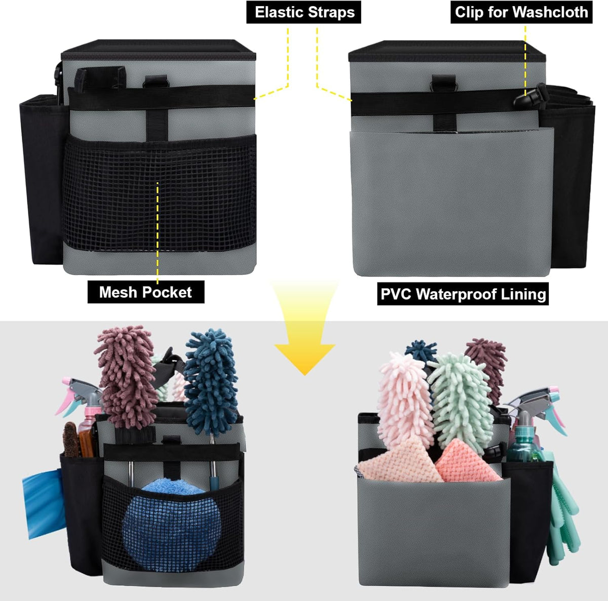 Wearable Large Cleaning Caddy Bag for Housekeeper, Clean Supply Organizer with Adjustable Shoulder, Waist & Handle Straps, Detailing Bag for Kitchen Supplies (Black)