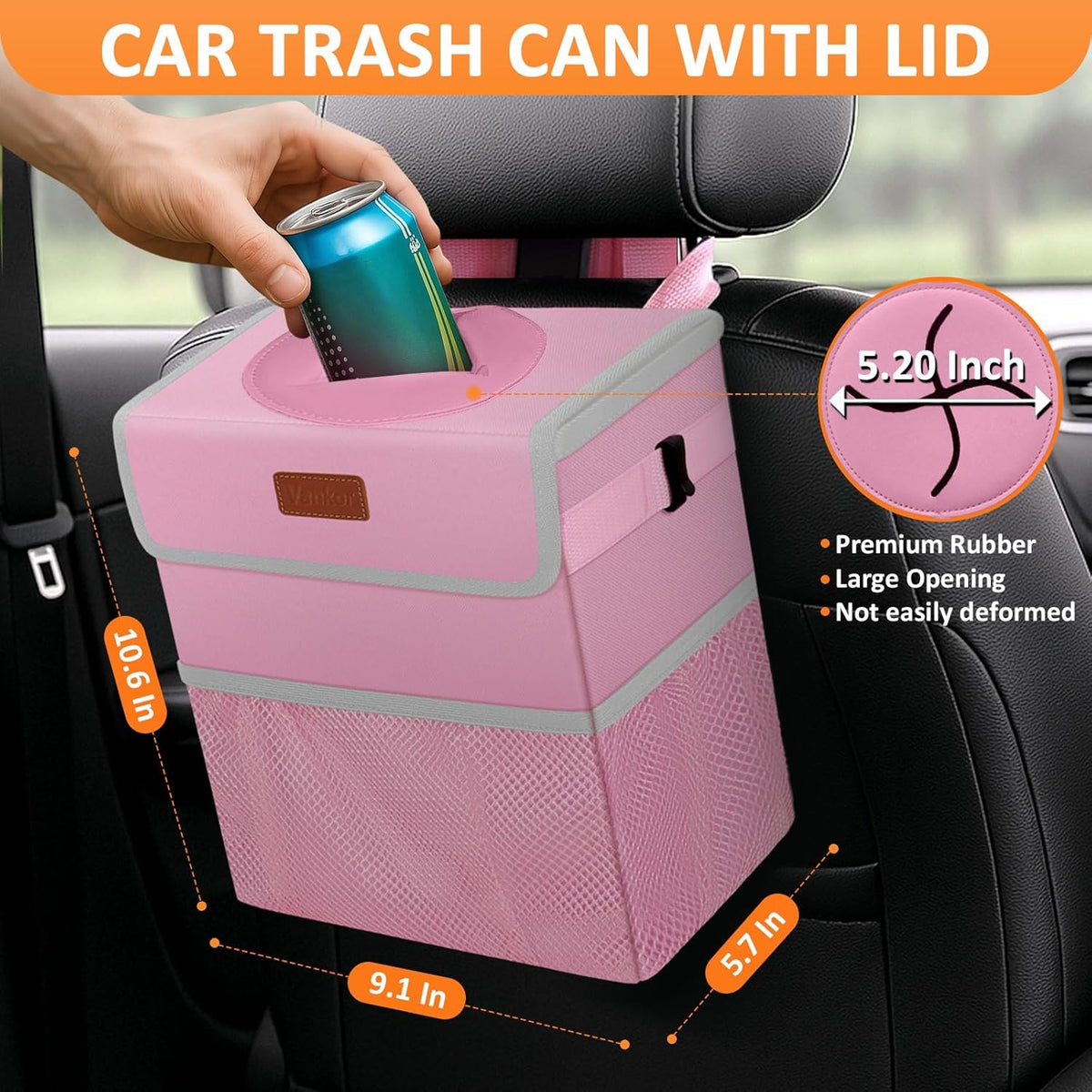 Vankor Car Trash Can Bin with Lid Hanging for Back Seat, Car Accessories for Women Men Leak Proof Automotive Garbage Cans Leakproof Vehicle Trash Can for Truck SUV Black