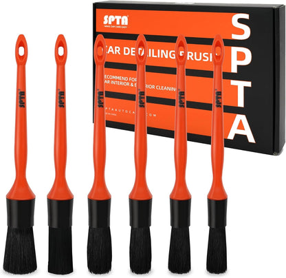 SPTA Car Detailing Brush Set, 5 Pack Soft Boar Hair Auto Detail Brush Kit with Elbow for Automotive Elegant Surface Interior Exterior Dashboard Emblems Panels Engine Bay Wheels Air Vent Seat Leather