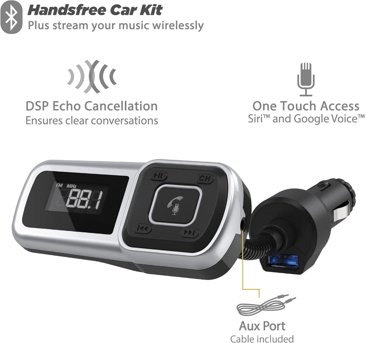 Scosche BTFM9 FM Bluetooth Transmitter Car, Dual 12W USB-C and USB-A Charging Ports, Fast Type C Car Charger, Wireless Radio Bluetooth Adapter, Hands-Free Kit for Calls, Siri and Google Assistant