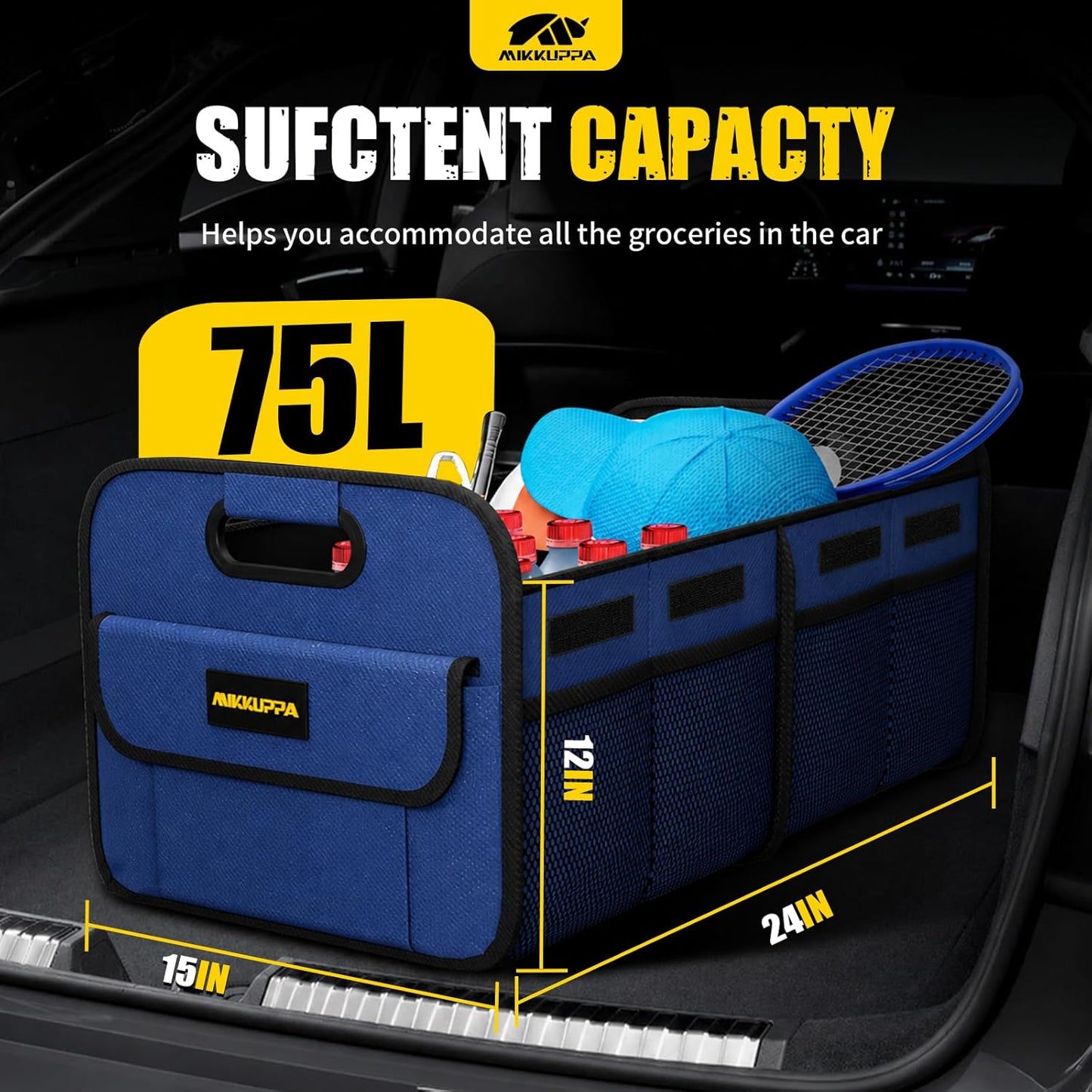 MIKKUPPA Car Trunk Organizer - 70L Collapsible Trunk Organizer for Groceries, Car Storage Organizers for SUV Auto Truck Van with Non Slip Bottom (Black)