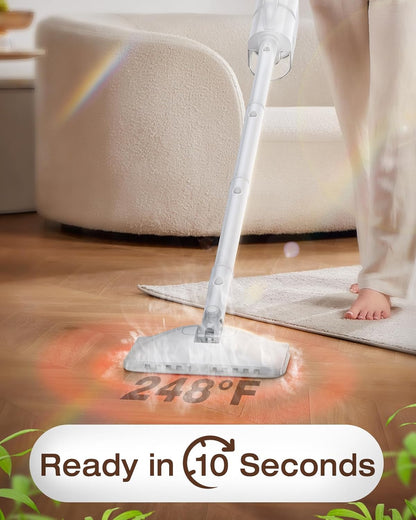 10-in-1 Steam Mop with Detachable Handheld Steamer,350ml Tank, 10s Heat-Up, 248°F Steam Cleaner, 2-Level Control and Swivel Head for Floor,Carpet,Tiles, BBQ grill,Car Accessories Clean White