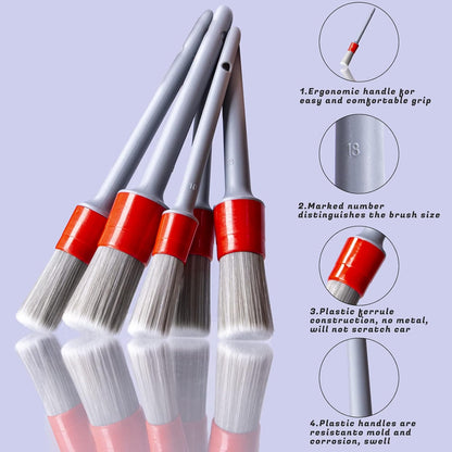 Detailing Brush Set -5 Different Sizes Premium Natural Boar Hair Mixed Fiber Plastic Handle Automotive Detail Brushes for Cleaning Wheels, Engine, Interior, Air Vents, Car, Motorcy