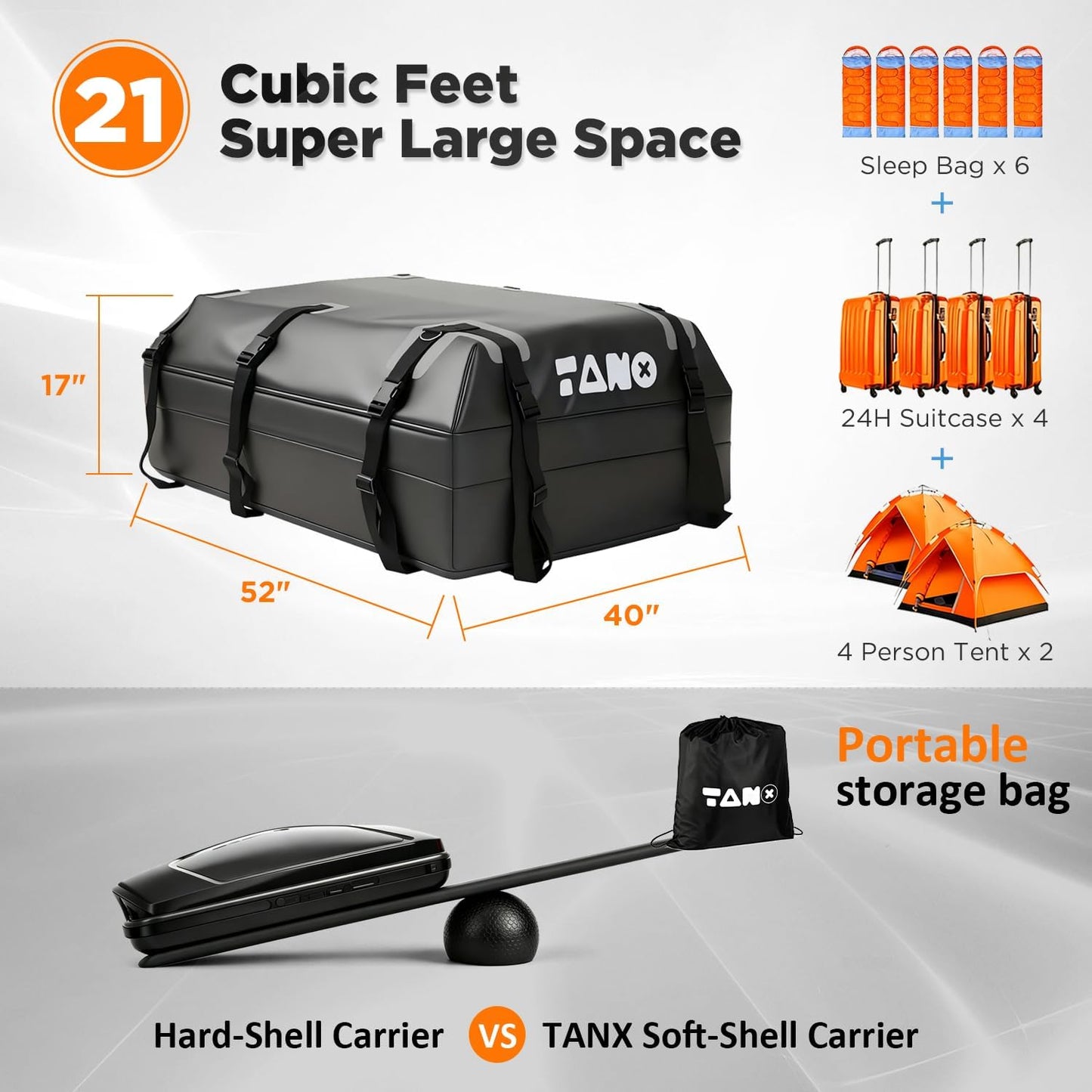TANX Car Roof Bag - 21 Cubic Feet Rooftop Cargo Carrier, 100% Waterproof for All Cars with/Without Roof Rack, Includes Anti-Slip Mat, 12 Reinforced Straps, 6 Door Hooks, Luggage Lock & Storage Bag